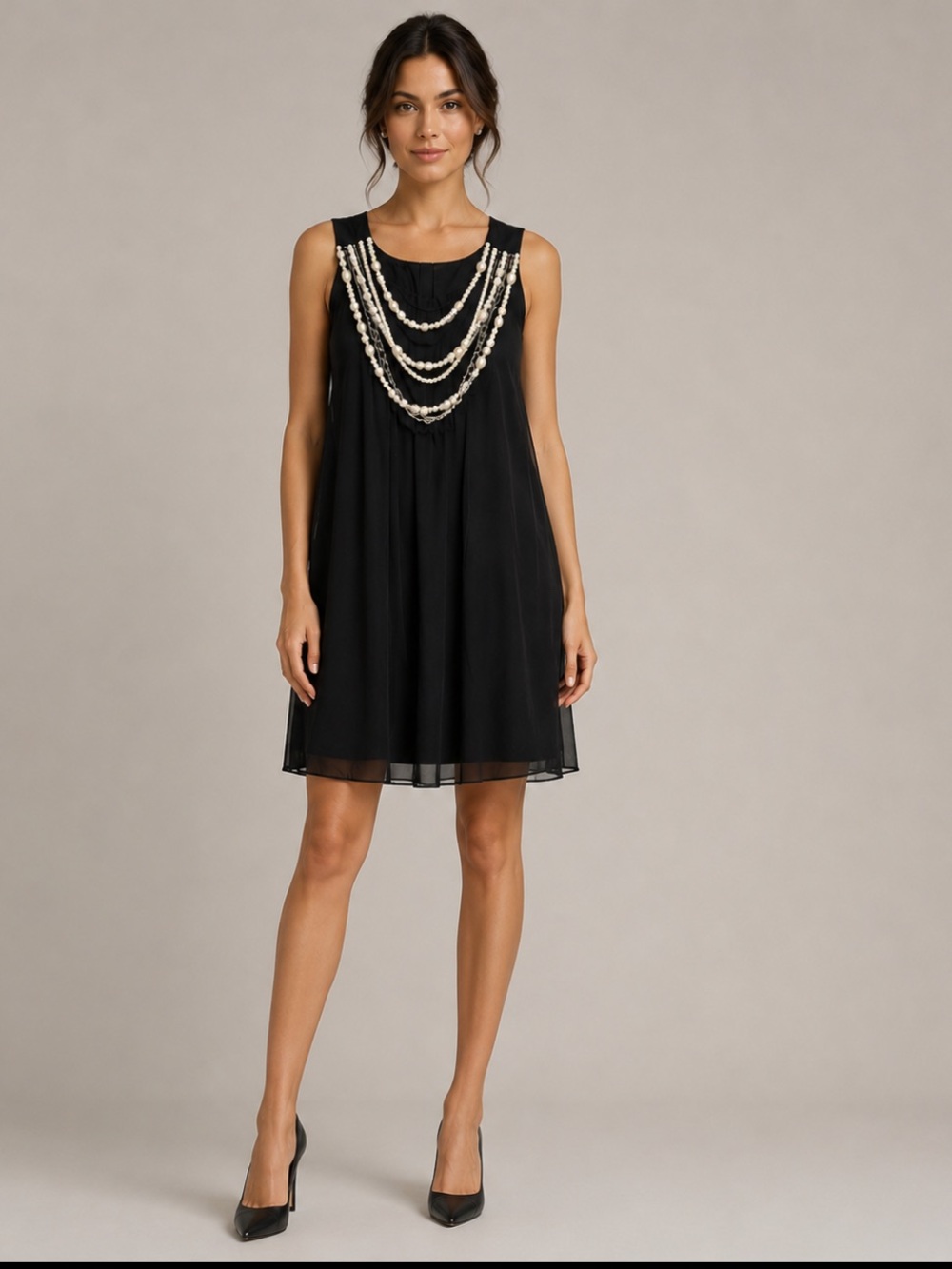 London Times Black Sleeveless Dress attached pearl necklace sz 6 lbd